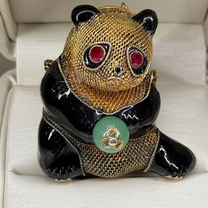 Antique 3D Vermeil Silver Filigree Enamel Panda Bear with Jade Brooch/Pendant